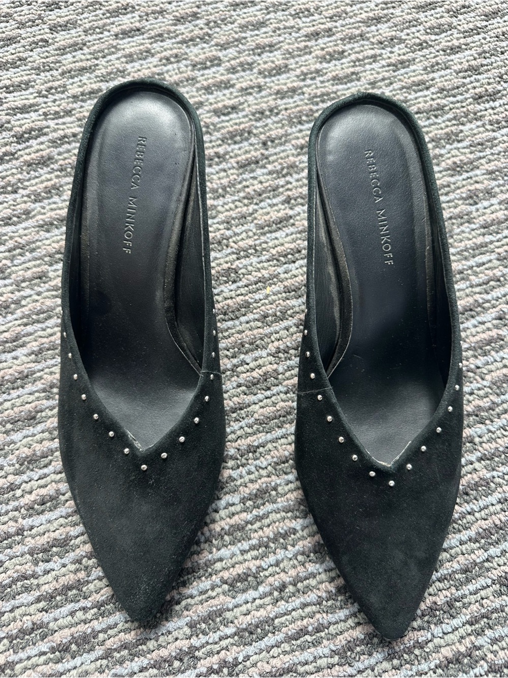 Rebecca Minkoff Black Pointed Suede Mule with Stud Accents